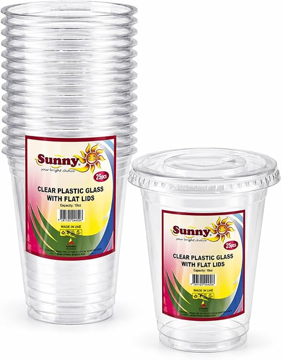 Sunny Transparent Drink Cups with Straw-Slot Flat Lids, 10oz (300ml), Pack of 25, Clear Plastic Cups for Iced Coffee, Juice & Cold Drinks, Recyclable Material