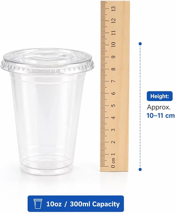 Sunny Transparent Drink Cups with Straw-Slot Flat Lids, 10oz (300ml), Pack of 25, Clear Plastic Cups for Iced Coffee, Juice & Cold Drinks, Recyclable Material