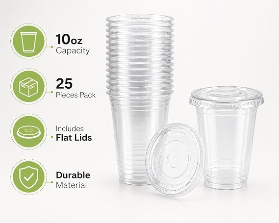 Sunny Transparent Drink Cups with Straw-Slot Flat Lids, 10oz (300ml), Pack of 25, Clear Plastic Cups for Iced Coffee, Juice & Cold Drinks, Recyclable Material