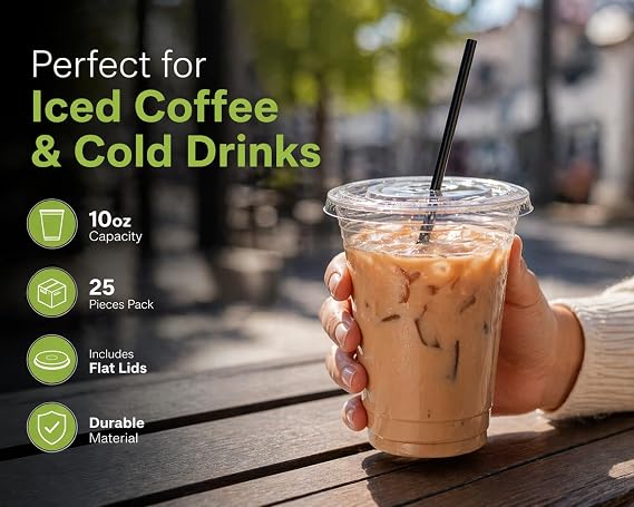 Sunny Transparent Drink Cups with Straw-Slot Flat Lids, 10oz (300ml), Pack of 25, Clear Plastic Cups for Iced Coffee, Juice & Cold Drinks, Recyclable Material