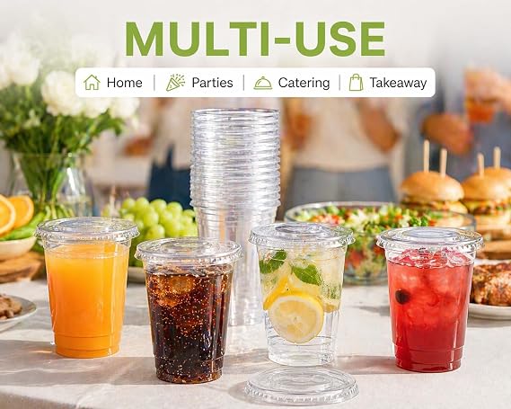 Sunny Transparent Drink Cups with Straw-Slot Flat Lids, 10oz (300ml), Pack of 25, Clear Plastic Cups for Iced Coffee, Juice & Cold Drinks, Recyclable Material