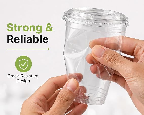 Sunny Transparent Drink Cups with Straw-Slot Flat Lids, 10oz (300ml), Pack of 25, Clear Plastic Cups for Iced Coffee, Juice & Cold Drinks, Recyclable Material