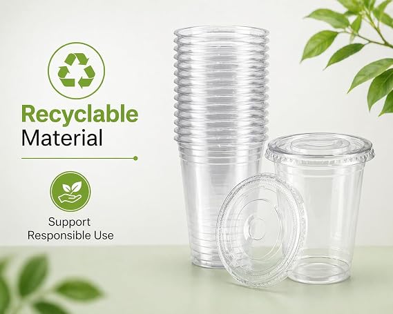 Sunny Transparent Drink Cups with Straw-Slot Flat Lids, 10oz (300ml), Pack of 25, Clear Plastic Cups for Iced Coffee, Juice & Cold Drinks, Recyclable Material