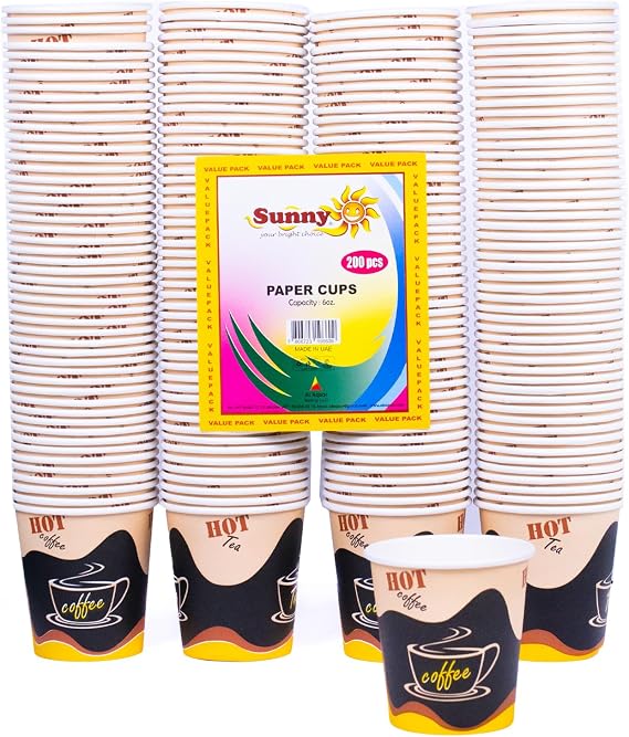 Sunny 6oz Paper Cups - 200 Pack - Heavy Duty White Hot & Cold Drink Cups for Coffee, Juice, Water - Leak-Proof & Heat Resistant for Parties, Office, Events - Coffee House Style Design
