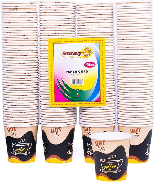 Sunny 6oz Paper Cups - 200 Pack - Heavy Duty White Hot & Cold Drink Cups for Coffee, Juice, Water - Leak-Proof & Heat Resistant for Parties, Office, Events - Coffee House Style Design