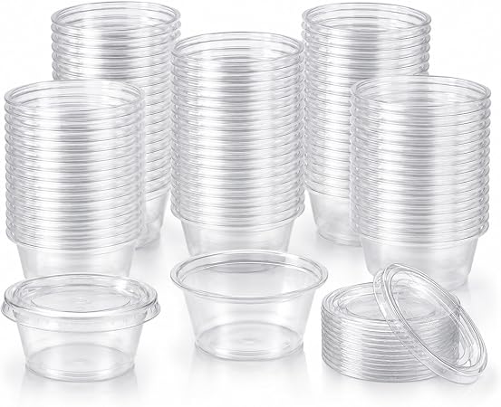 Sunny Clear Plastic Soufflé Cups with Lids | Reusable & Recyclable Portion Cups for Sauces, Dips, Condiments, Samples & Food Storage | Pack of 100