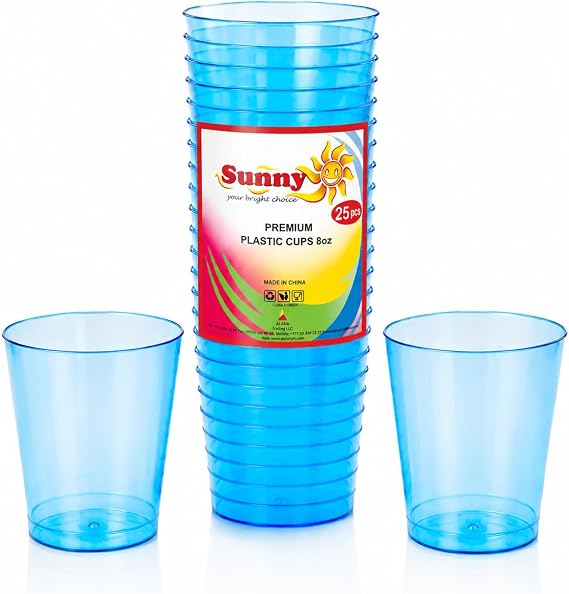 Sunny Colored Reusable Plastic Cups 8oz – 25 PCS Transparent Colored Drinking Cups for Juice, Water & Soft Drinks | Recyclable BPA-Free Party Cups