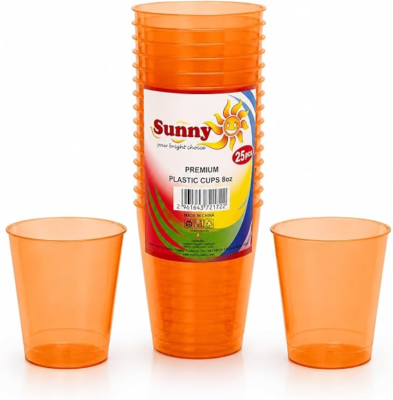 Sunny Colored Reusable Plastic Cups 8oz – 25 PCS Transparent Colored Drinking Cups for Juice, Water & Soft Drinks | Recyclable BPA-Free Party Cups