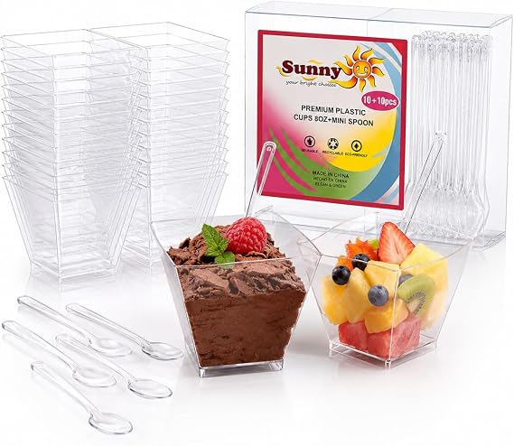 Sunny Premium Dessert Cups with Mini Spoons – 10 Cups + 10 Spoons, Reusable & Recyclable Square Plastic Dessert Bowls, Glitter Sparkle Party Cups for Desserts, Ice Cream & Snacks