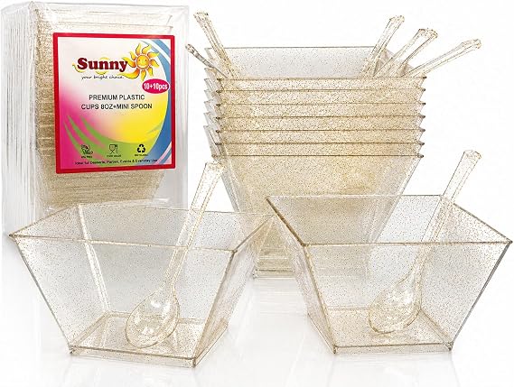 Sunny Premium Dessert Cups with Mini Spoons – 10 Cups + 10 Spoons, Reusable & Recyclable Square Plastic Dessert Bowls, Glitter Sparkle Party Cups for Desserts, Ice Cream & Snacks