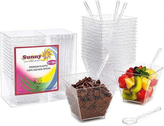 Sunny Premium Dessert Cups with Mini Spoons – 10 Cups + 10 Spoons, Reusable & Recyclable Square Plastic Dessert Bowls, Glitter Sparkle Party Cups for Desserts, Ice Cream & Snacks