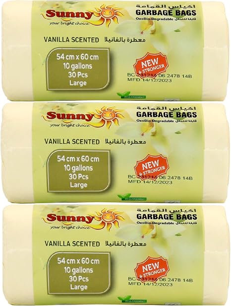 Sunny – Your Bright Choice Scented Garbage Bags 10 Gallon (54×60 cm) | Vanilla Fragrance Trash Bags | Strong Leak Resistant Kitchen Waste Bags | 90 Bags