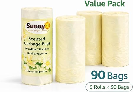 Sunny – Your Bright Choice Scented Garbage Bags 10 Gallon (54×60 cm) | Vanilla Fragrance Trash Bags | Strong Leak Resistant Kitchen Waste Bags | 90 Bags