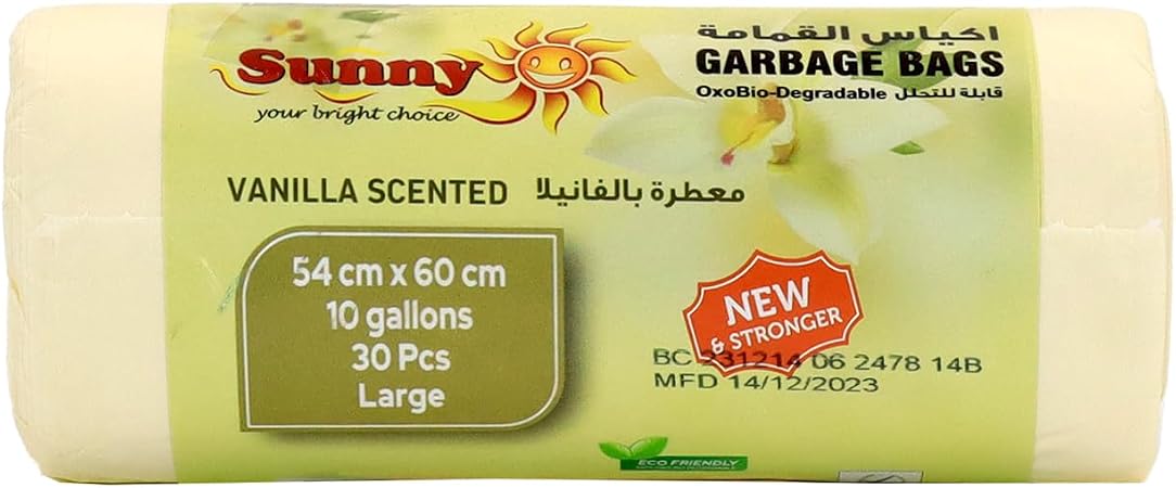 Sunny – Your Bright Choice Scented Garbage Bags 10 Gallon (54×60 cm) | Vanilla Fragrance Trash Bags | Strong Leak Resistant Kitchen Waste Bags | 90 Bags