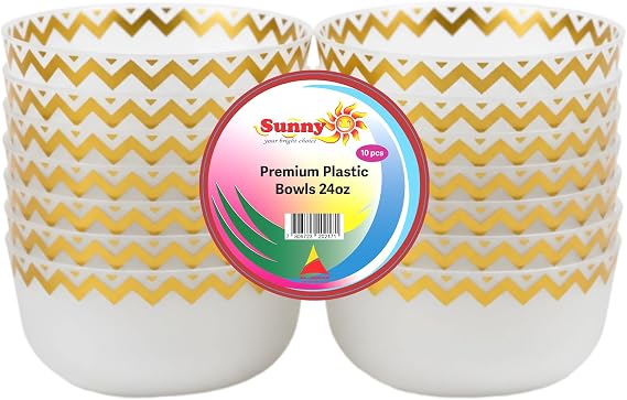 Zig Zag Plastic Bowl Premium 24oz Pack of 10 – Reusable Clear Plastic Bowls for Serving, Food Storage, Salad, Snacks & Party Catering Containers, BPA-Free, Durable & Elegant Gold Chevron Design