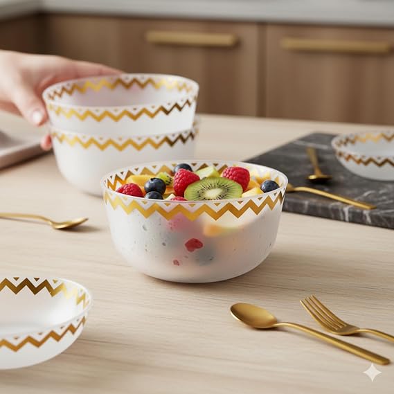 Zig Zag Plastic Bowl Premium 24oz Pack of 10 – Reusable Clear Plastic Bowls for Serving, Food Storage, Salad, Snacks & Party Catering Containers, BPA-Free, Durable & Elegant Gold Chevron Design