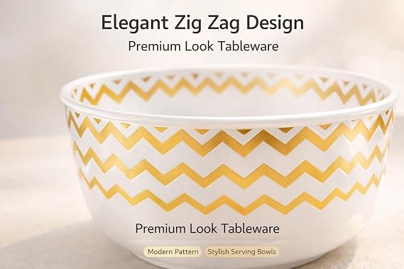 Zig Zag Plastic Bowl Premium 24oz Pack of 10 – Reusable Clear Plastic Bowls for Serving, Food Storage, Salad, Snacks & Party Catering Containers, BPA-Free, Durable & Elegant Gold Chevron Design