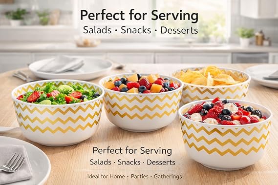 Zig Zag Plastic Bowl Premium 24oz Pack of 10 – Reusable Clear Plastic Bowls for Serving, Food Storage, Salad, Snacks & Party Catering Containers, BPA-Free, Durable & Elegant Gold Chevron Design