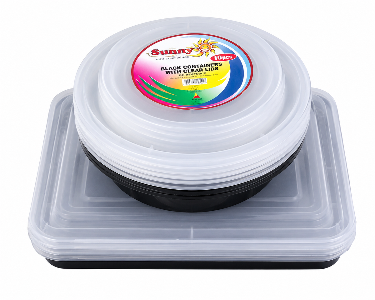 Sunny Black Food Containers Combo Pack, 10 Pieces – 5 Rectangular + 5 Round with Clear Lids