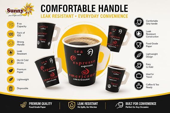 Sunny Your Bright Choice Paper Cups with Handle 9oz – Black Tea & Coffee Cups for Hot & Cold Drinks, Strong Grip Handle, Leak Resistant, Party, Office & Travel Use – Pack of 100