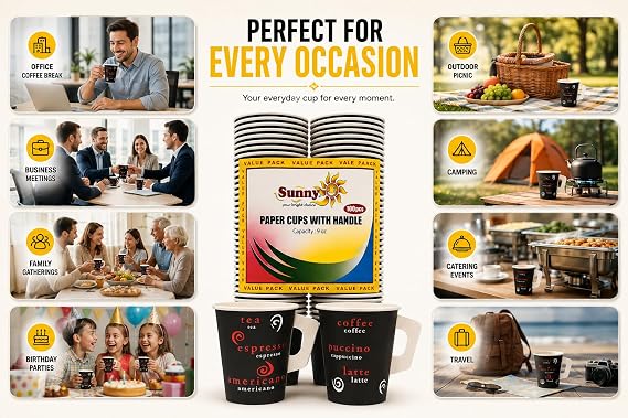 Sunny Your Bright Choice Paper Cups with Handle 9oz – Black Tea & Coffee Cups for Hot & Cold Drinks, Strong Grip Handle, Leak Resistant, Party, Office & Travel Use – Pack of 100