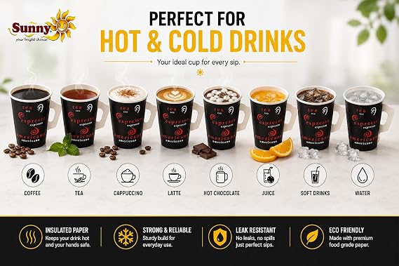 Sunny Your Bright Choice Paper Cups with Handle 9oz – Black Tea & Coffee Cups for Hot & Cold Drinks, Strong Grip Handle, Leak Resistant, Party, Office & Travel Use – Pack of 100