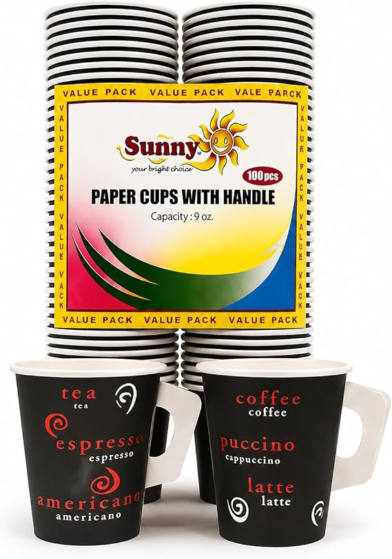 Sunny Your Bright Choice Paper Cups with Handle 9oz – Black Tea & Coffee Cups for Hot & Cold Drinks, Strong Grip Handle, Leak Resistant, Party, Office & Travel Use – Pack of 100