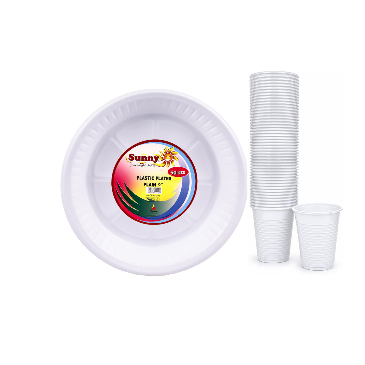 Sunny Plastic Plates 9 inch and 6oz Cups Combo Pack, 25 Plates + 50 Cups, Assorted Colours