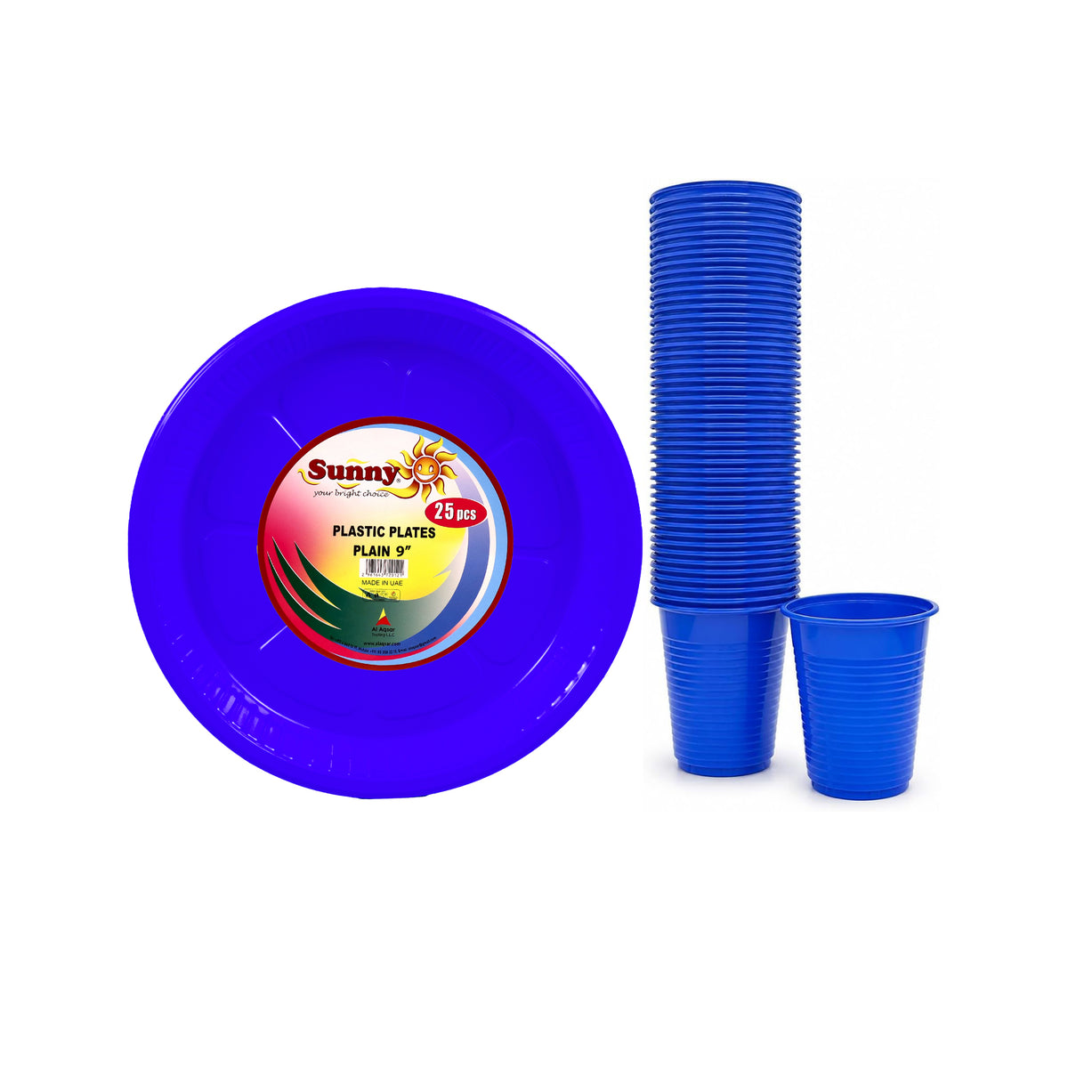 Sunny Plastic Plates 9 inch and 6oz Cups Combo Pack, 25 Plates + 50 Cups, Assorted Colours
