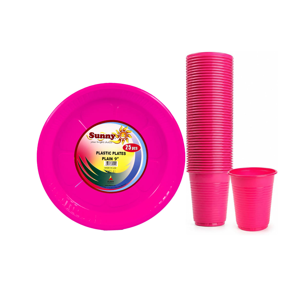 Sunny Plastic Plates 9 inch and 6oz Cups Combo Pack, 25 Plates + 50 Cups, Assorted Colours