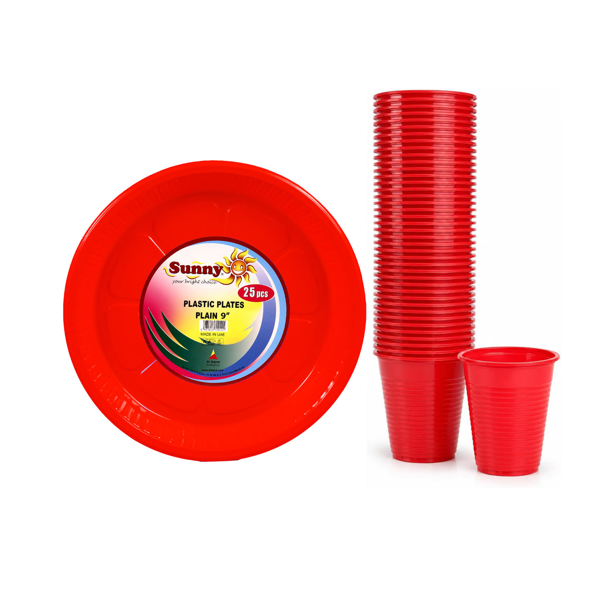 Sunny Plastic Plates 9 inch and 6oz Cups Combo Pack, 25 Plates + 50 Cups, Assorted Colours