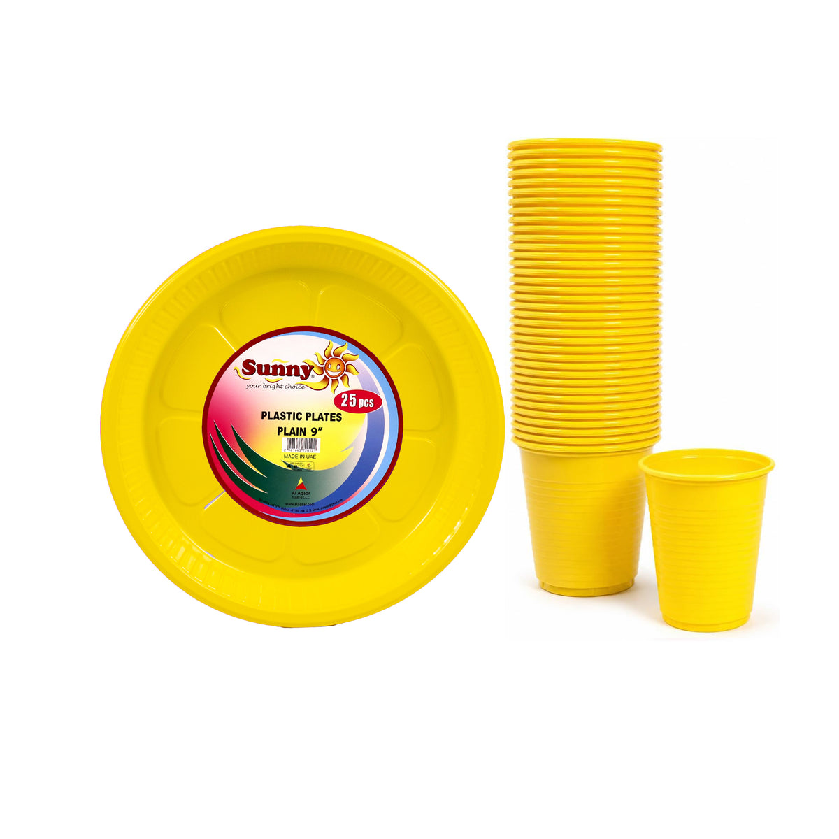 Sunny Plastic Plates 9 inch and 6oz Cups Combo Pack, 25 Plates + 50 Cups, Assorted Colours
